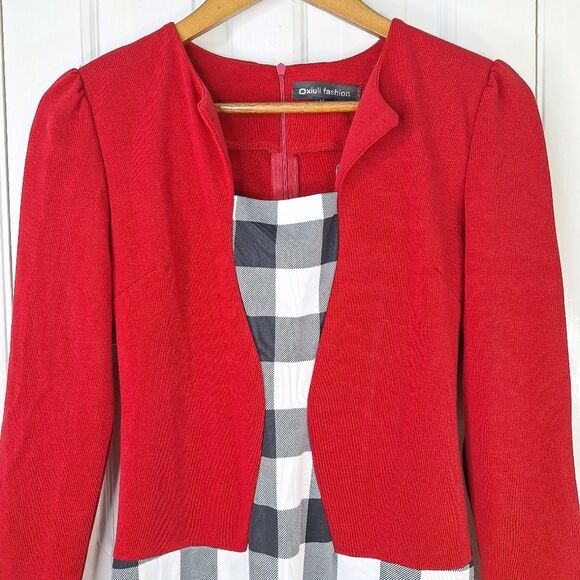 NWT Oxiuli Fashion Red Black Colorblock Checkered Long Sleeve Bodycon Dress Sz M - Picture 2 of 13